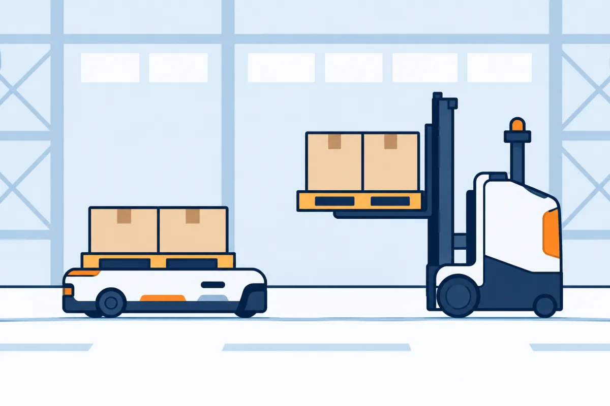 Illustration schématique générée par IA d’un robot mobile sous-charge et d’un chariot autonome transportant des palettes dans un entrepôt.