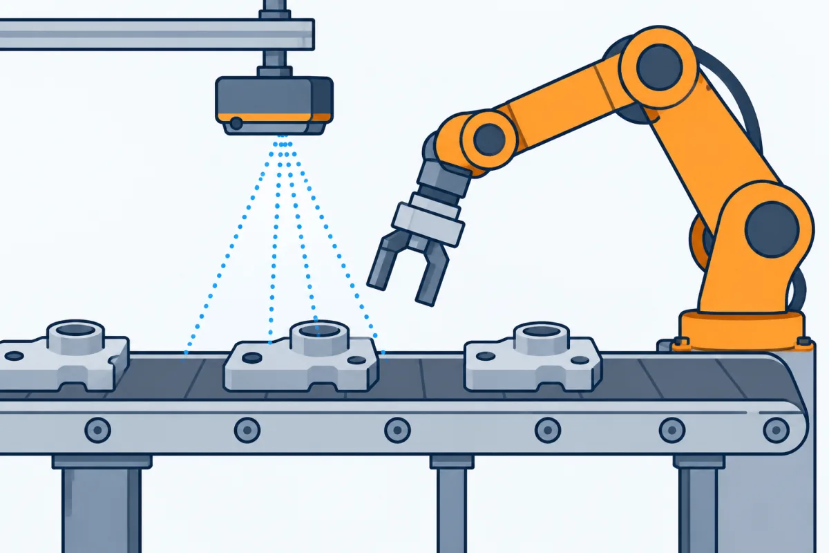 Illustration schématique générée par IA d’une caméra 3D inspectant une pièce sur convoyeur pour guider un bras robotique industriel générique.