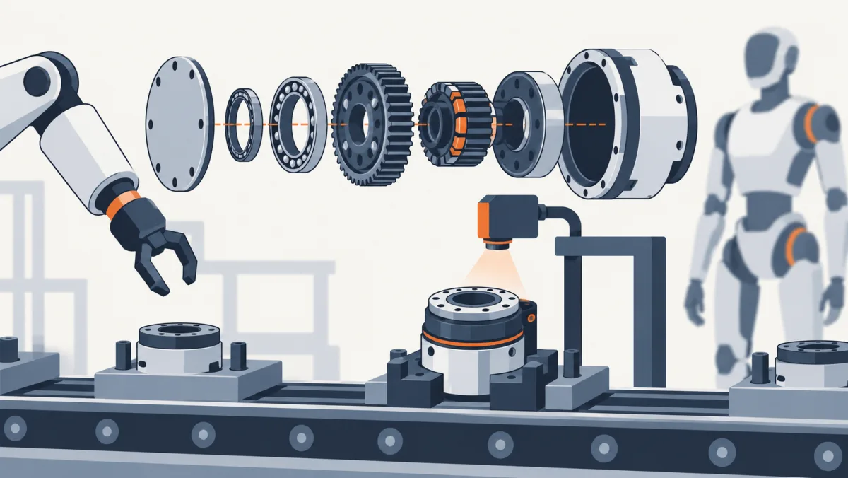 Illustration schématique générée par IA d’une ligne générique d’assemblage de modules articulaires robotisés.