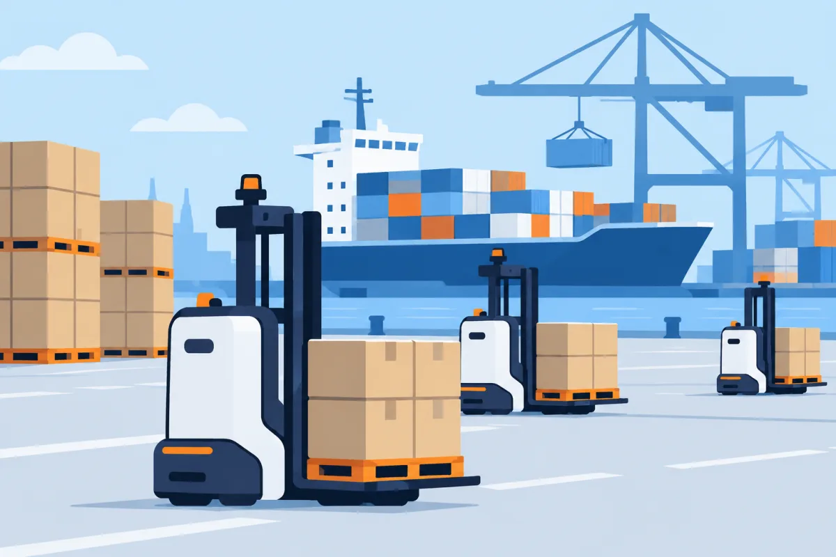 Illustration schématique générée par IA de chariots élévateurs autonomes génériques déplaçant des palettes dans un port de fret.